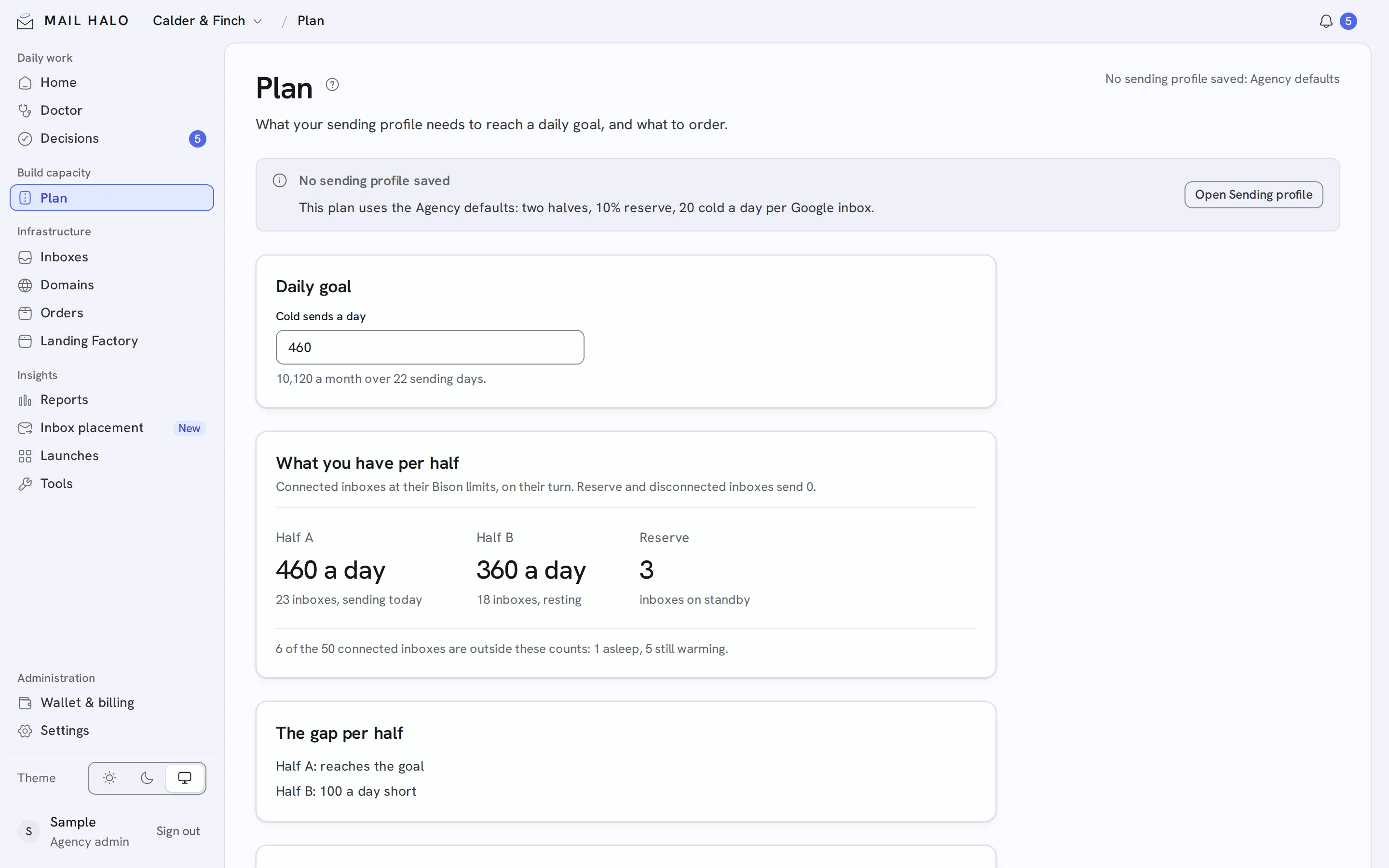 Plan in the Mail Halo app, with sample data