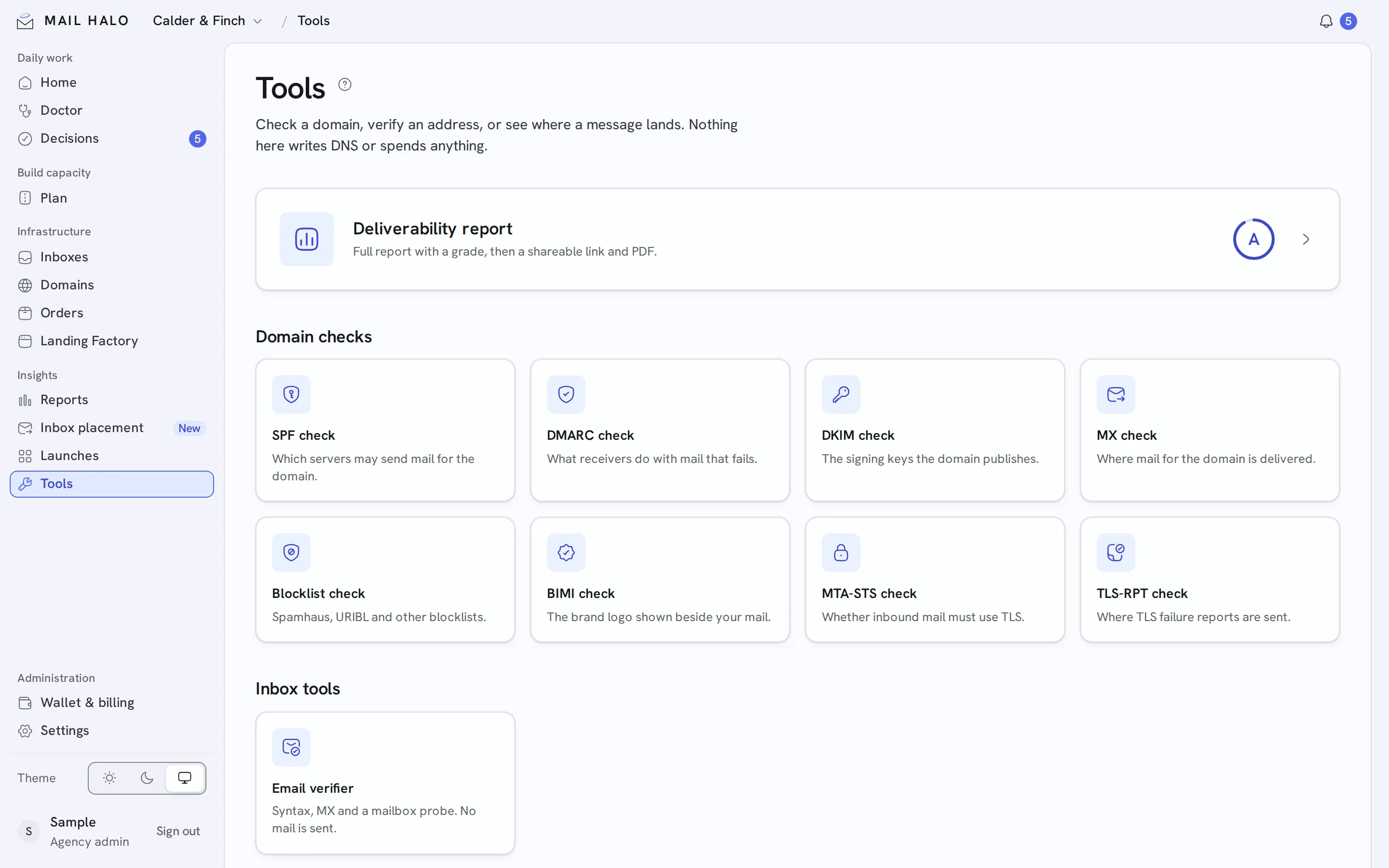 Tools in the Mail Halo app, with sample data